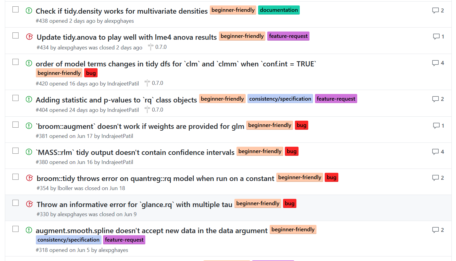Screenshot of broom github issues with beginner friendly label