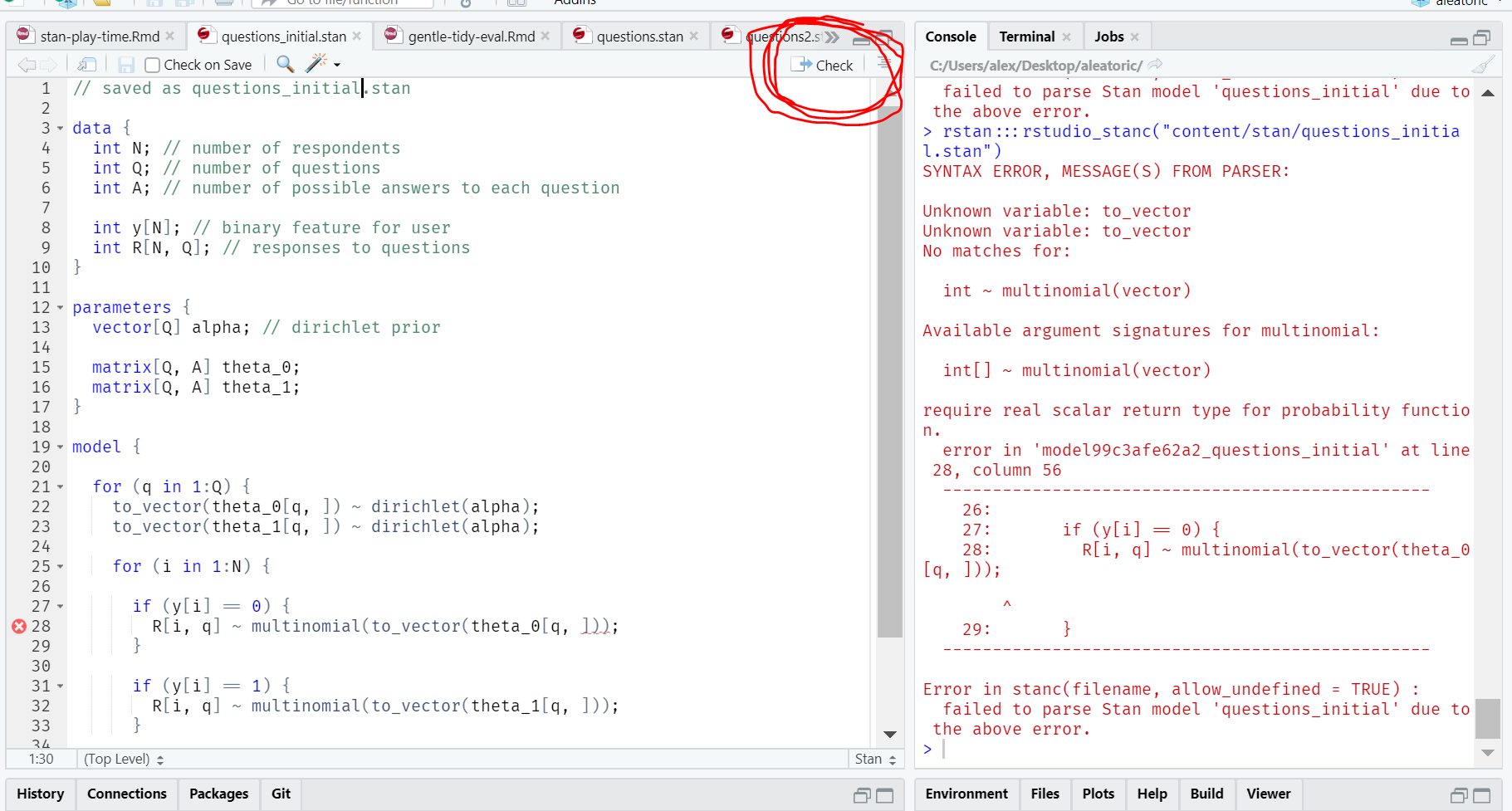 Screenshot of RStudio with emphasis around button to run Stan syntax check