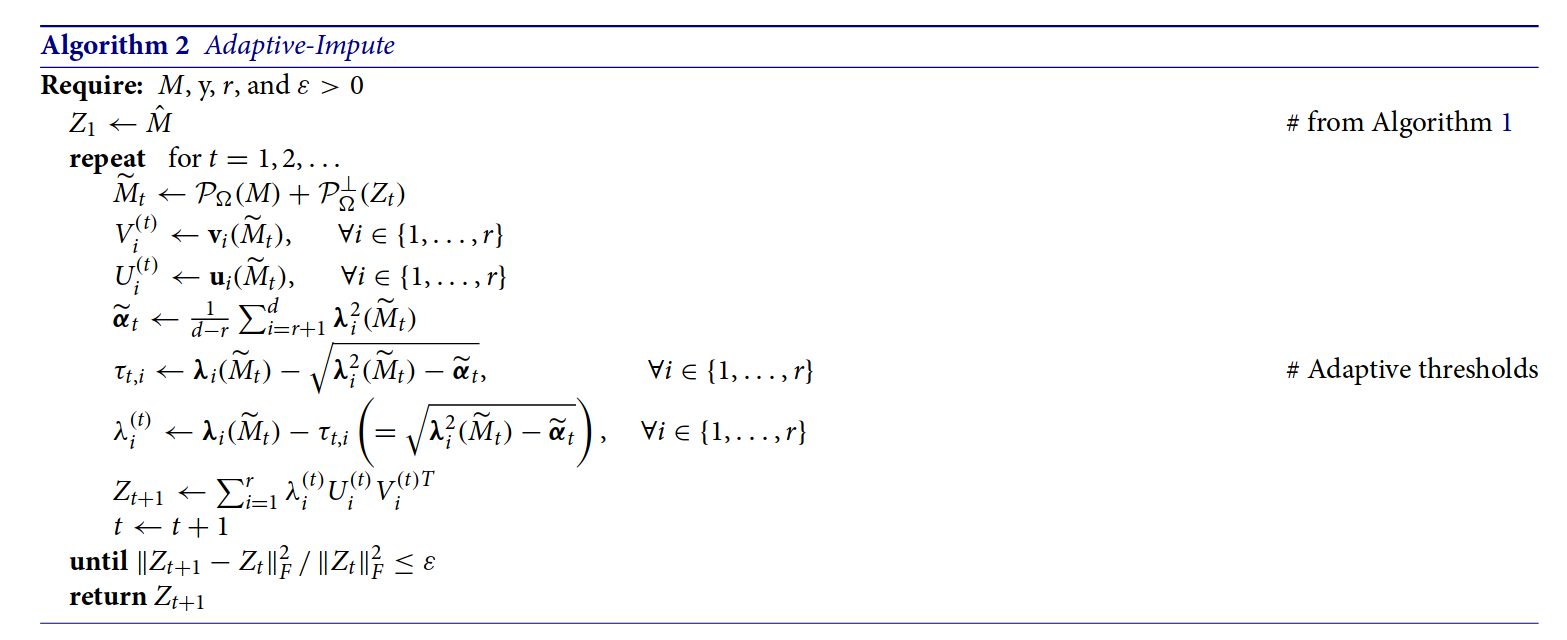 Screenshot of psuedocode for the AdaptiveImpute matrix completion algorithm.